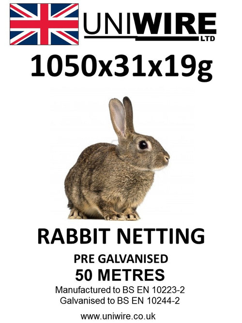 1050 x 31 x19g Pre Galvanised Rabbit Wire Fencing - 50m